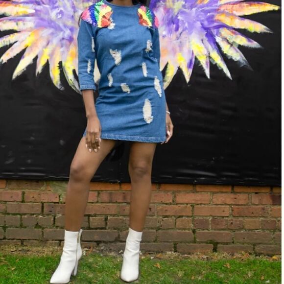 DenimLand Blue Jeans Distress Dress Sz Medium - Picture 1 of 9